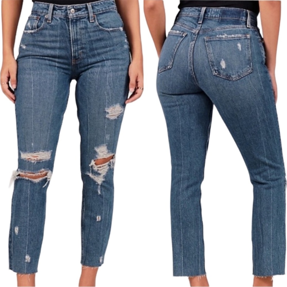 Abercrombie & Fitch The Mom High Rise Jeans - dark ripped wash - size 26 XS